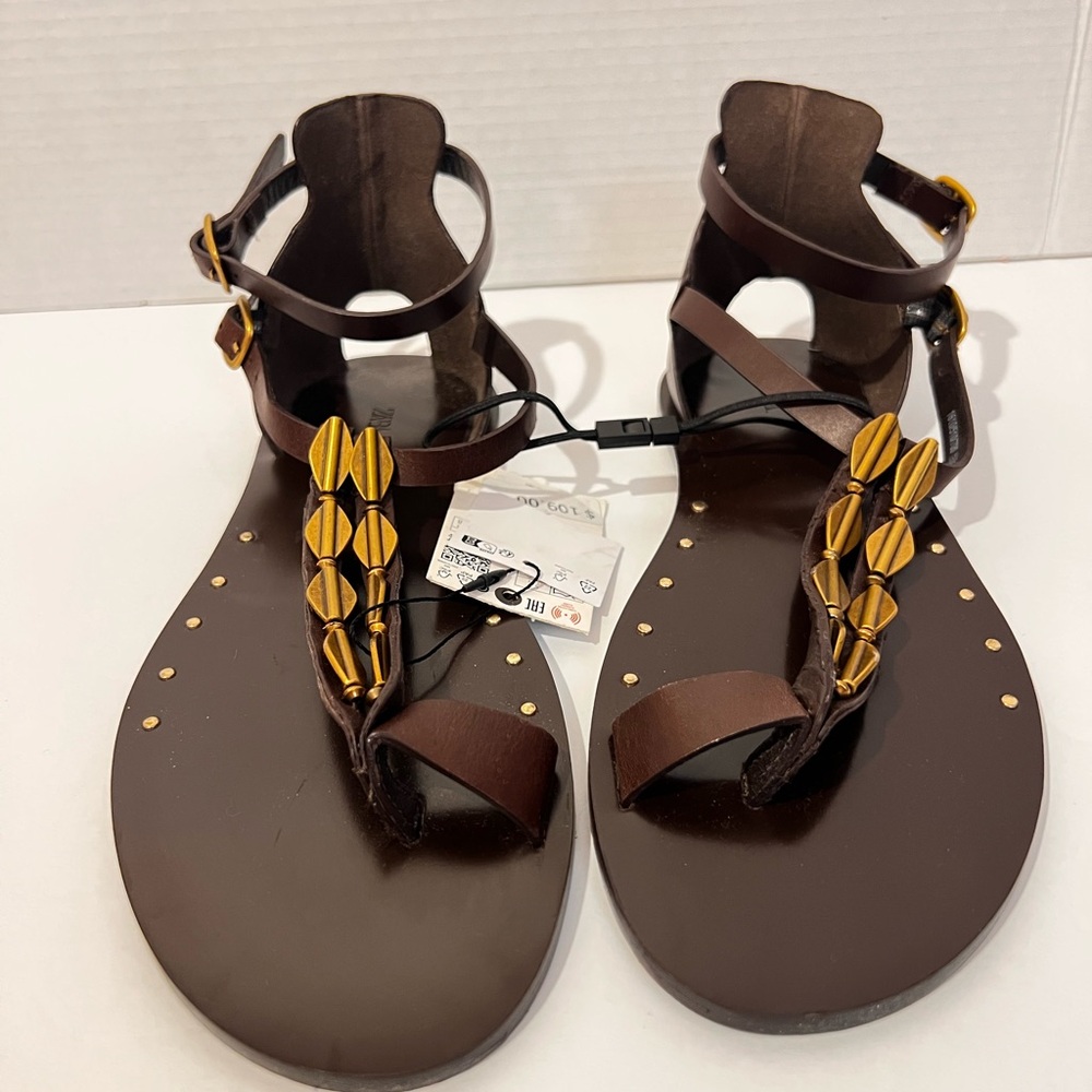 ZARA LEATHER SANDALS WITH ADORNMENT. Grecian, Boho. Size 9 NWT - Picture 6 of 9